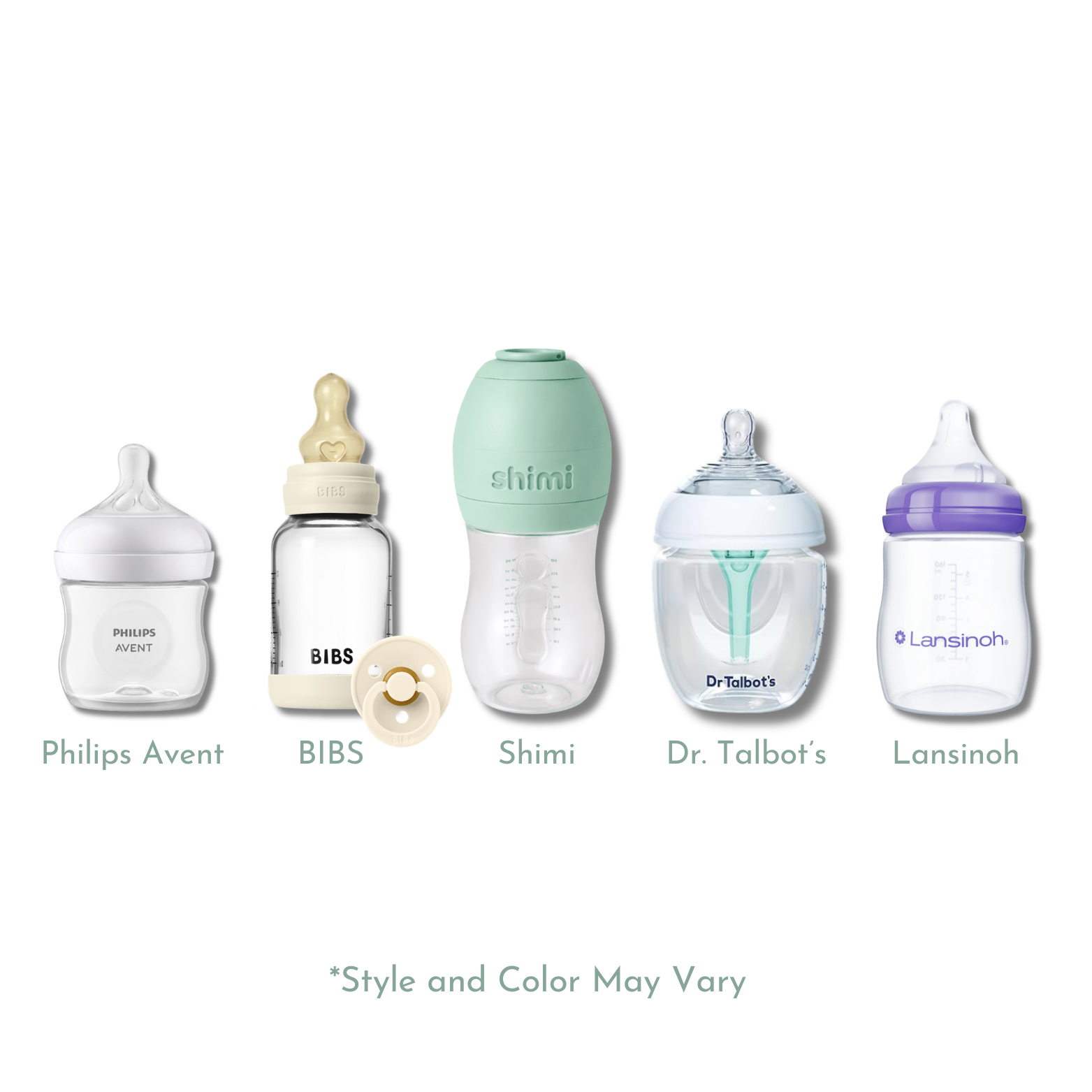 Five baby bottles shown side by side on a white background with brand names and model names underneath: Philips Avent, BIBS, Shimi, Dr. Talbot's, and Lansinoh.