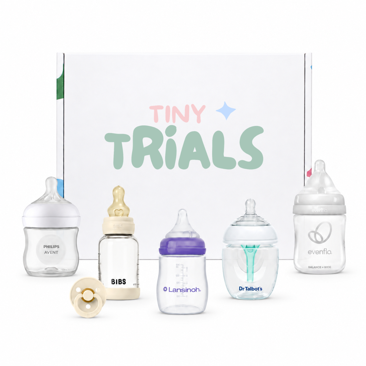 Tiny Trials Bottle Box with newborn bottles from several brands